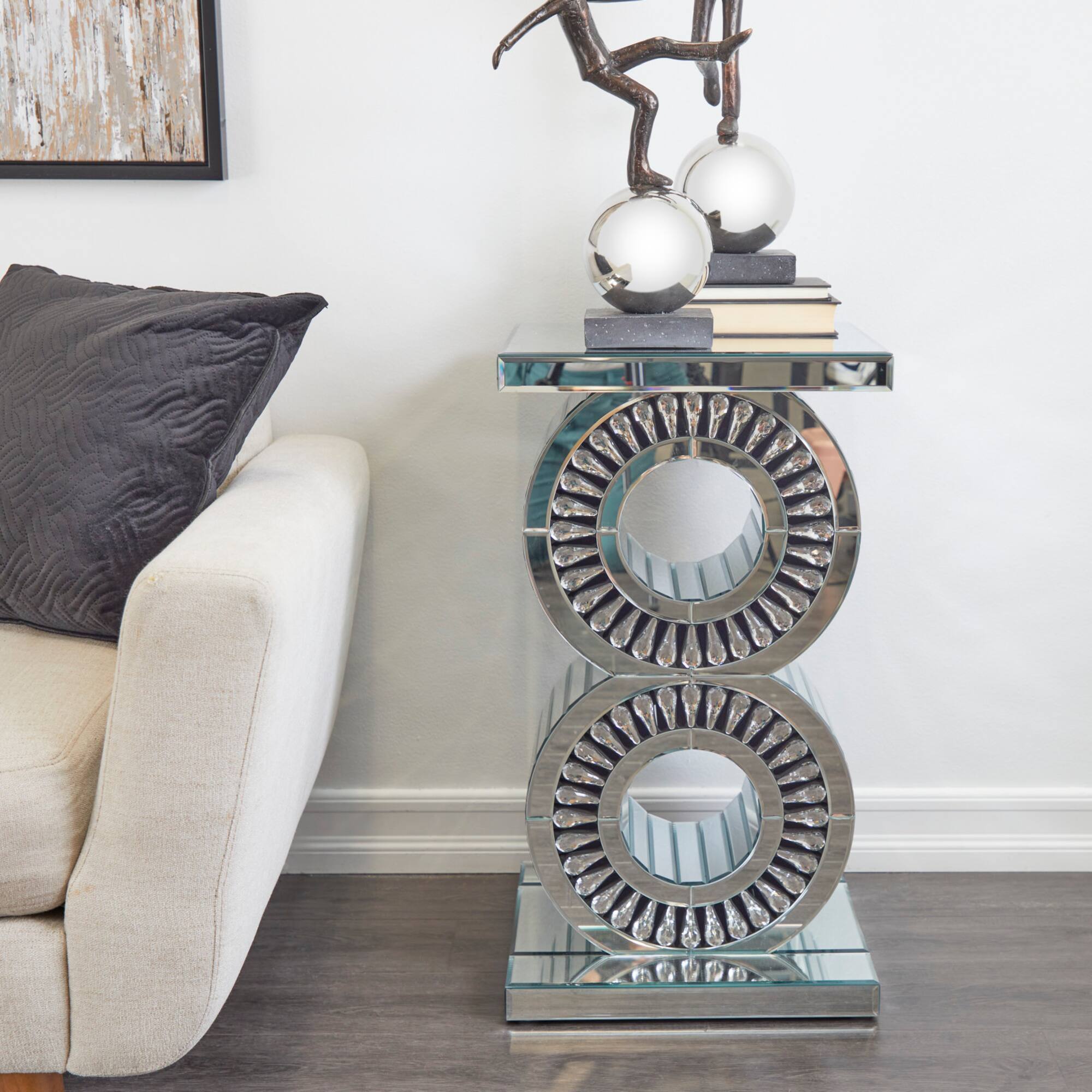 Silver Wood Mirrored Accent Table with Crystal Embellishment 16" x 16" x 28"